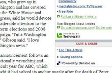 Technorati- és del.icio.us-linkek a Washington Post cikke mellett
