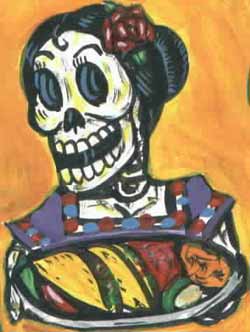 Tortillákat tartó női csontváz, mexikói stílusú halottak napjai ábrázolásban. Forrás: Little Meals Great Implications