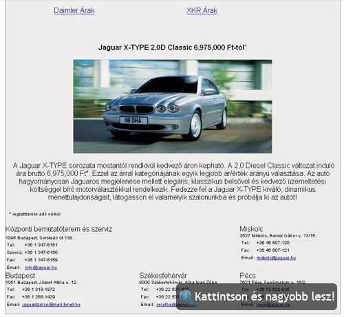 Jaguar X-Type ára regisztrációs adó nélkül. Forrás: Jaguar.hu