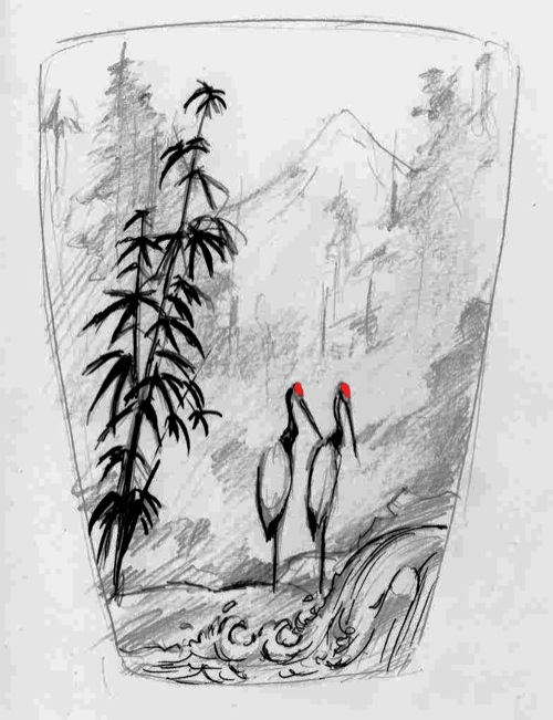 A szerző rajza bambusszal, két darumadárral, Fudzsival és vízzel