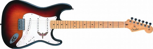 Fender Stratocaster gitár, rajta egy Hippotion celerio szender. Fotó: Fender Musical Instruments Corporation és Natarsha Zilm