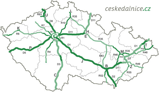 A cseh autópálya-hálózat 2005-ben. Világos színnel az időközben átadott vagy a közeljövőben átadandó szakaszok